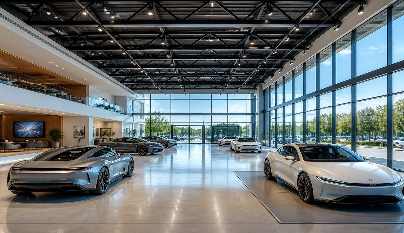 Large clear span steel structure car showroom interior, no brands Large clear span steel structure car showroom interior, no brands
